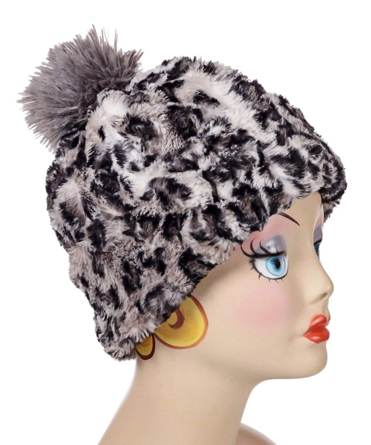 Women&#39;s Reversible Beanie with Pom Pom on mannequin | Savannah Cat Faux Fur with Cuddly Black | Handmade USA by Pandemonium Seattle