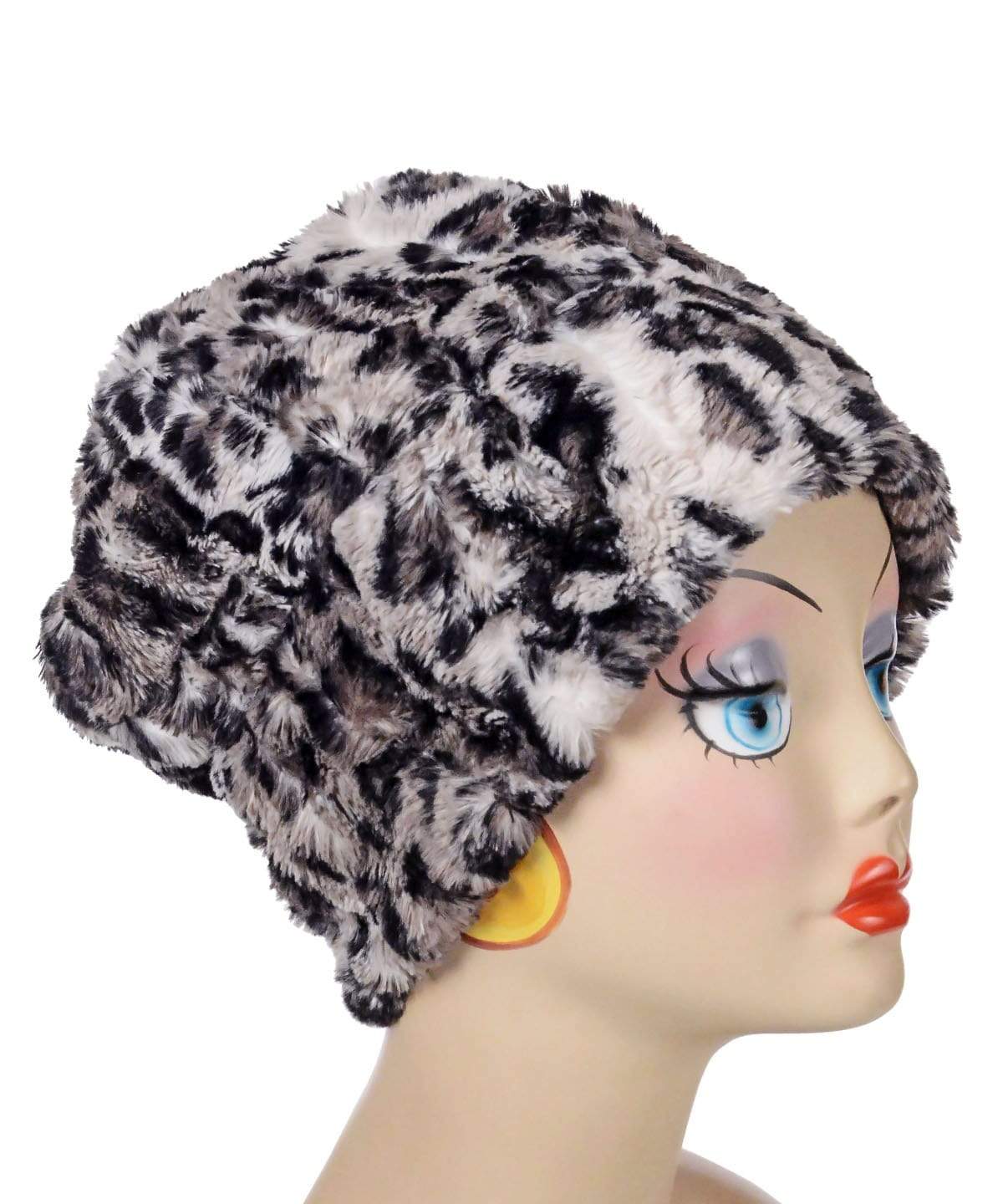 Women's Reversible Beanie shown slouchie on mannequin | Savannah Cat Faux Fur with Cuddly Black | Handmade USA by Pandemonium Seattle