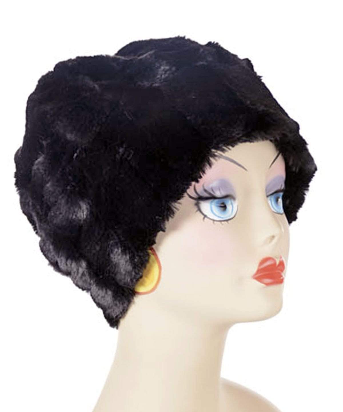 Beanie Hat, reversible - Luxury Faux Fur in Minky Black lined in Cuddly Black, side view. By Pandemonium Millinery