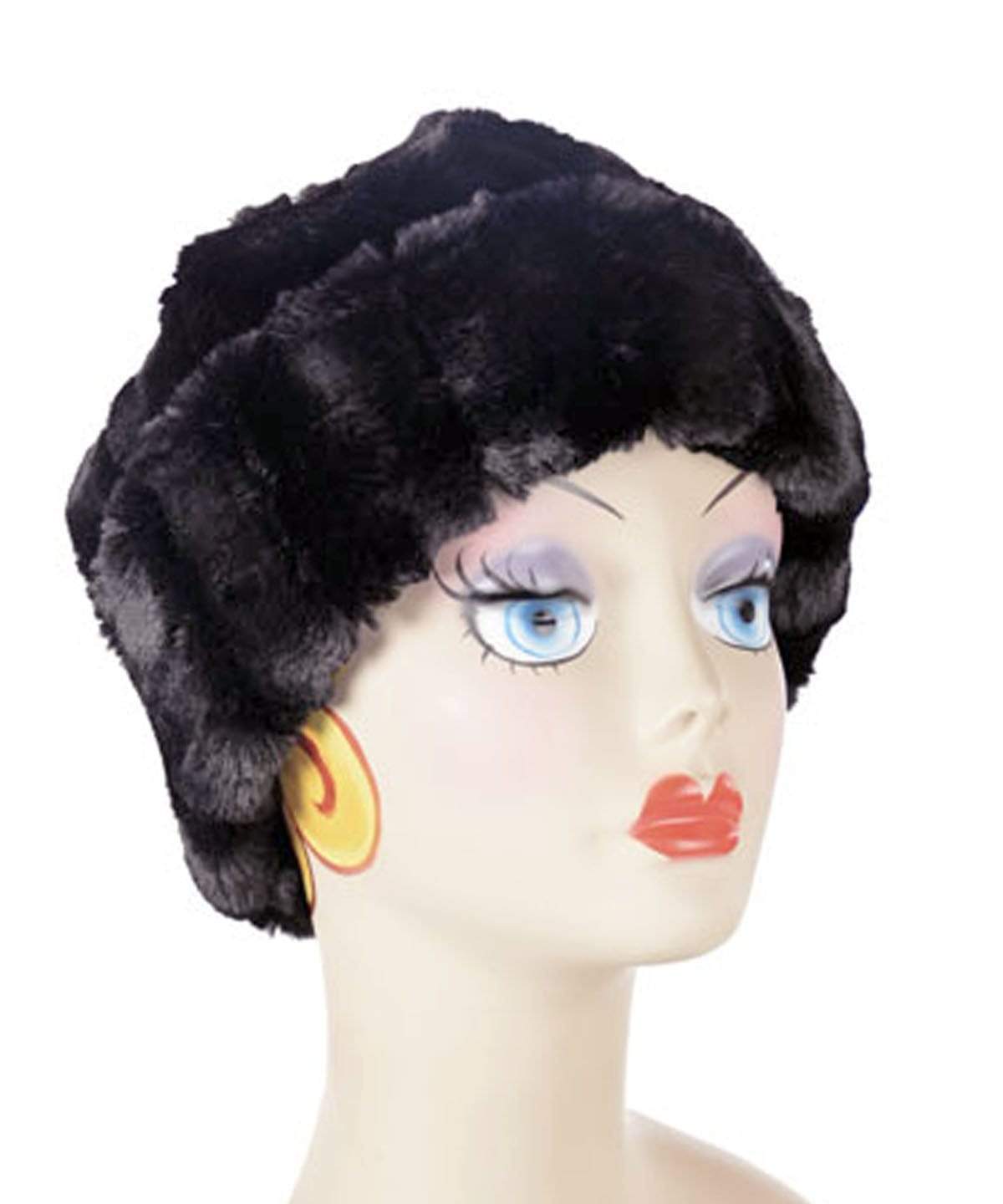 Beanie Hat, reversible - Luxury Faux Fur in Minky Black lined in Cuddly Black. By Pandemonium Millinery