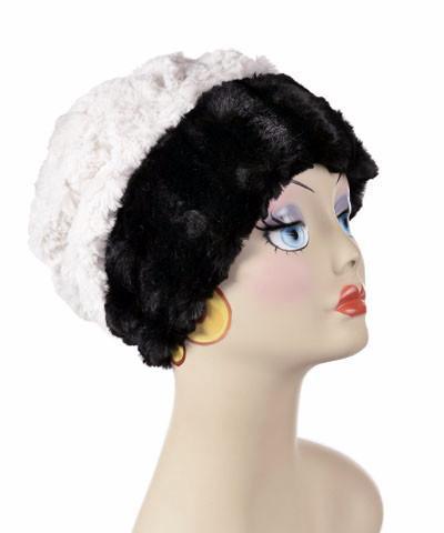 Beanie Hat, shown reversed in Luxury Faux Fur – Minky Black and Cuddly Ivory. Pandemonium Millinery in Seattle, WA.