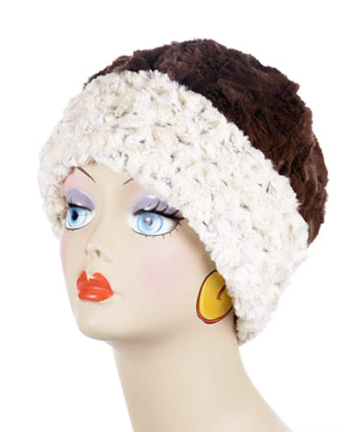 Beanie Hat, shown reversed in Luxury Faux Fur – Rosebud Brown and Cuddly Chocolate. Pandemonium Millinery in Seattle, WA.