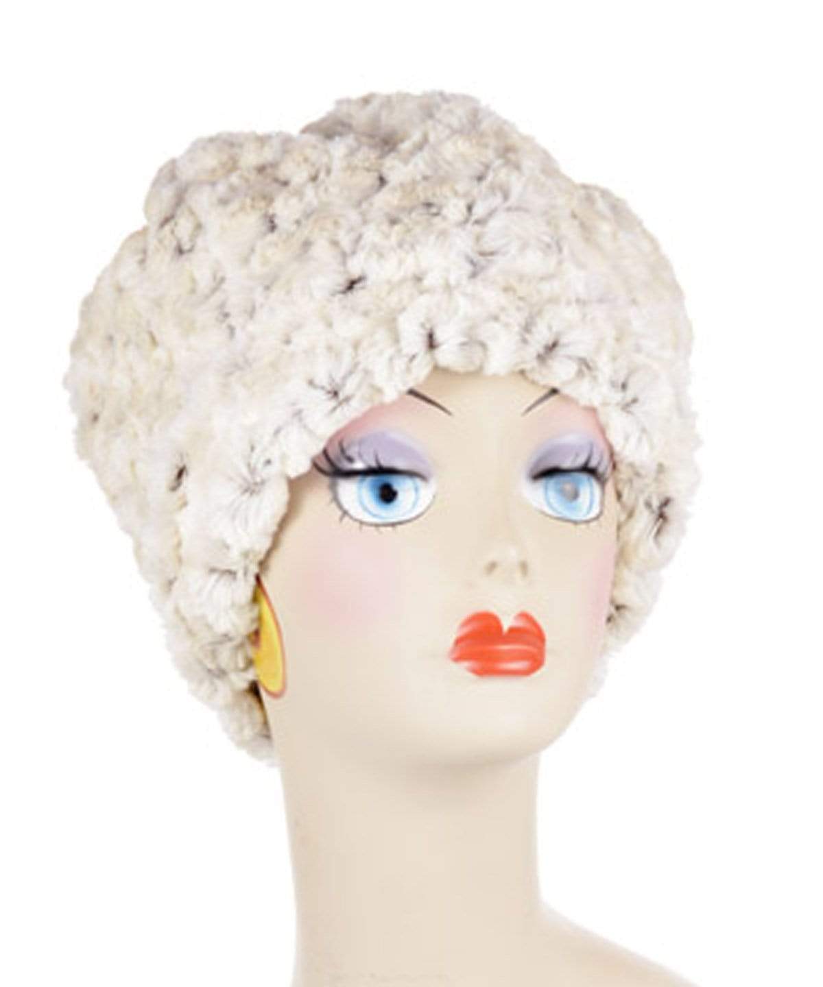 Beanie Hat, reversible - Luxury Faux Fur in Rosebud Brown lined in Cuddly Chocolate, front view. By Pandemonium Millinery