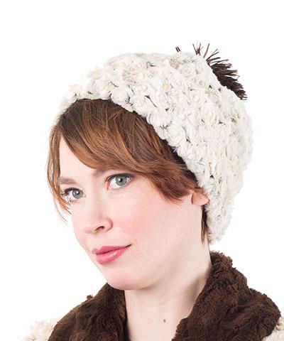 Woman modeling Beanie Hat, reversible - Luxury Faux Fur in Rosebud Brown lined in Cuddly Chocolate. By Pandemonium Millinery