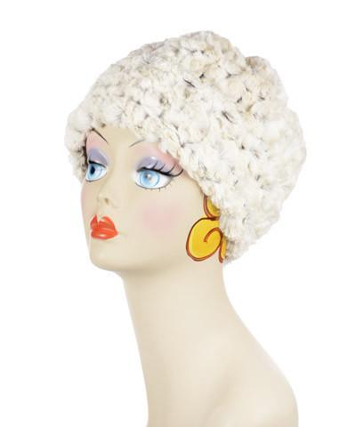Beanie Hat, reversible - Luxury Faux Fur in Rosebud Brown lined in Cuddly Chocolate. By Pandemonium Millinery