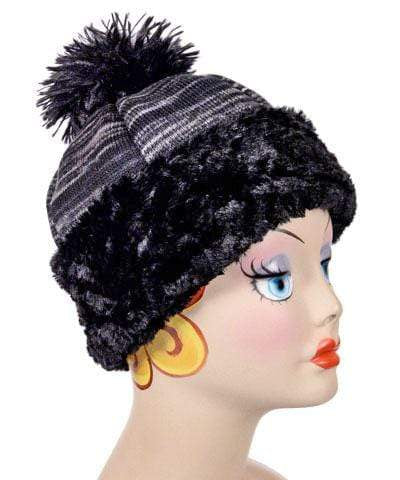 Beanie Hat, reversible – in Sweet Stripes Blackberry Cobbler lined in Cuddly Black Faux Fur, with Pom. By Pandemonium Millinery