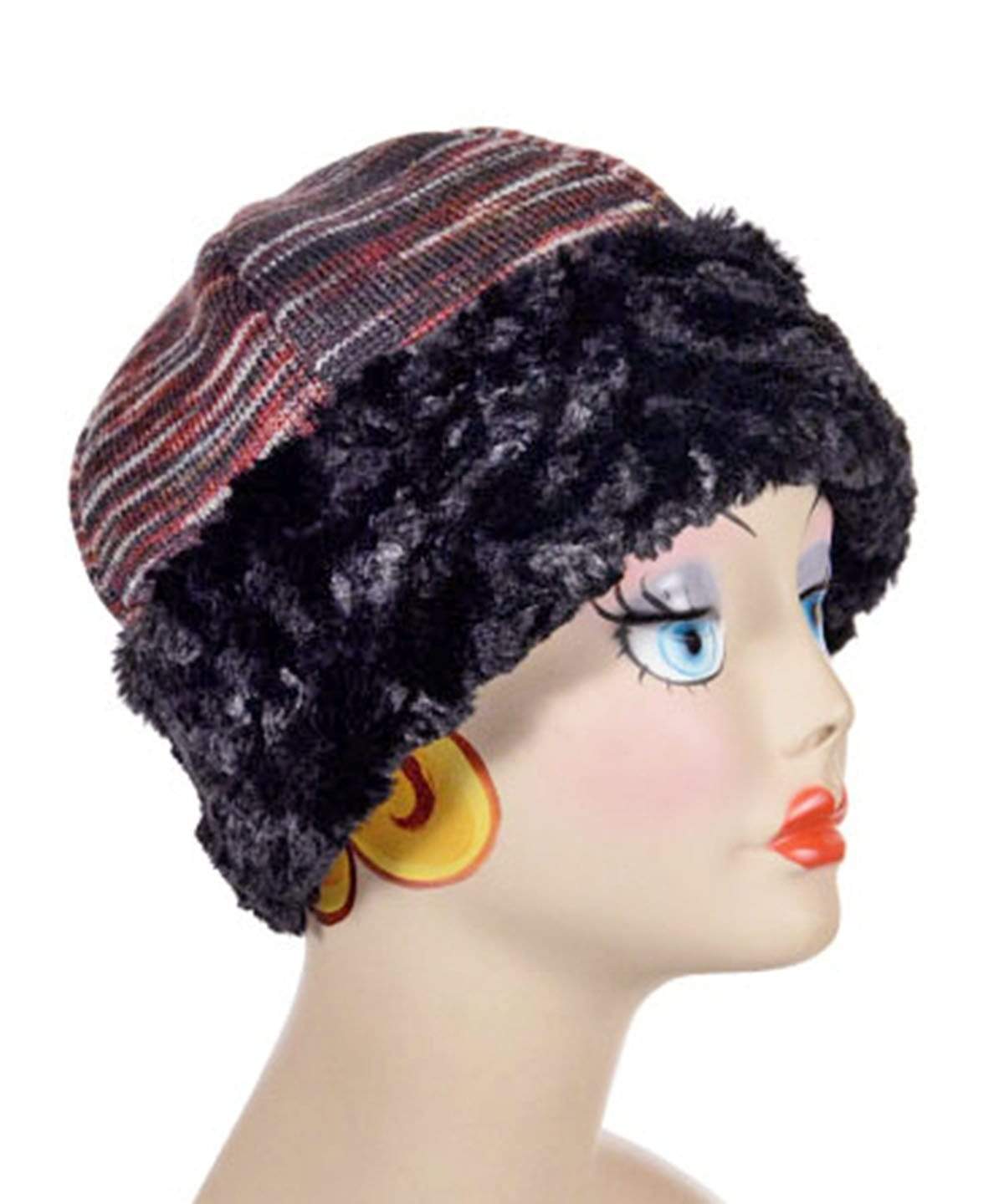 Beanie Hat, reversible – in Sweet Stripes Cherry Cordial lined in Cuddly Black Faux Fur. By Pandemonium Millinery