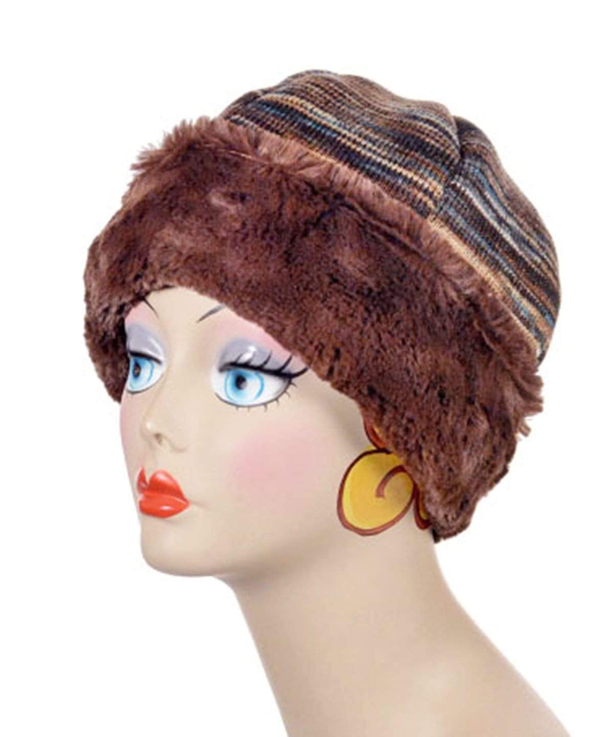 Beanie Hat, reversible – in Sweet Stripes English Toffee lined in Cuddly Chocolate Faux Fur. By Pandemonium Millinery