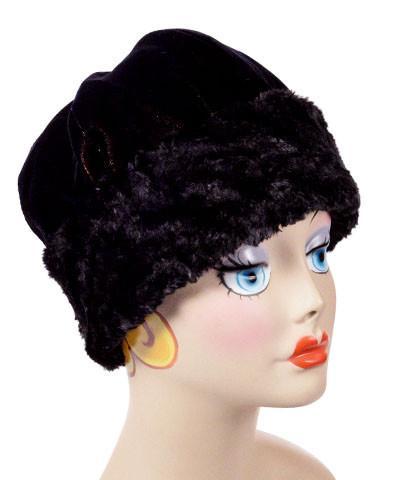 Beanie Hat, reversible – in Black/Gold Velvet lined in Cuddly Black Faux Fur. By Pandemonium Millinery