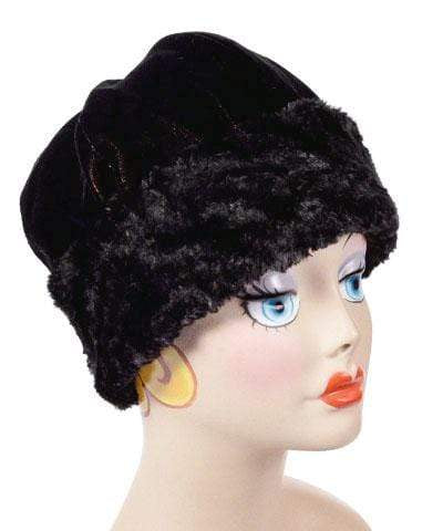 Beanie Hat, reversible – in Black Velvet lined in Cuddly Black Faux Fur, with Pom. By Pandemonium Millinery