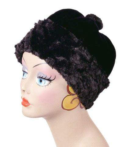 Beanie Hat, reversible – in Black Velvet lined in Cuddly Black Faux Fur, with Pom. By Pandemonium Millinery