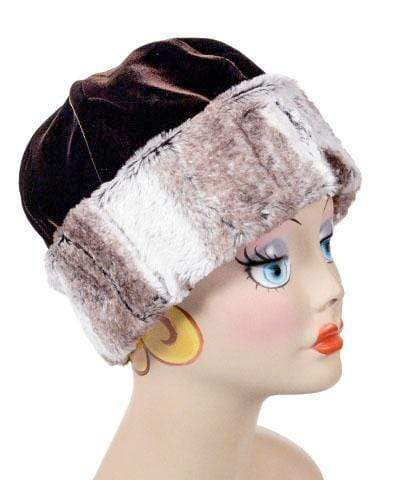 Woman modeling Beanie Hat, reversible – in Chocolate Velvet lined in Birch Faux Fur. By Pandemonium Millinery.