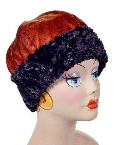 Beanie Hat, reversible – in Citrine Velvet lined in Cuddly Black Faux Fur, side view. By Pandemonium Millinery.