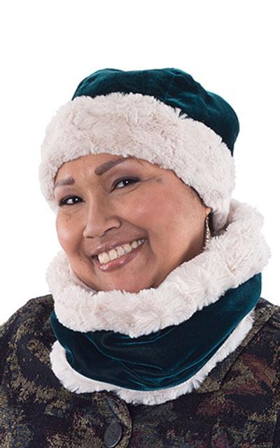 Woman modeling reversible Beanie Hat in Emerald Velvet with Cuddly Sand Faux Fur, with matching scarf. Handmade by Pandemonium Millinery.
