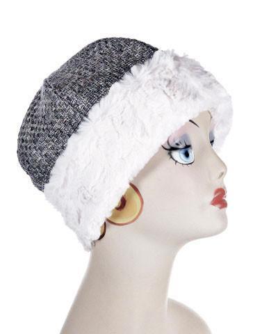 Women’s Beanie Hat in structured Frozen Tundra lined and cuffed with Cuddly Ivory Faux Fur. Handmade by Pandemonium Millinery.