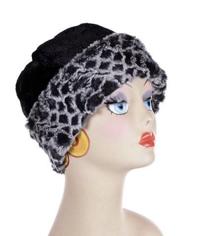 Women’s Beanie Hat in structured Black Pebbles lined and cuffed with Snow Owl Faux Fur. Handmade by Pandemonium Millinery.