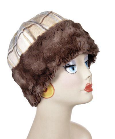 Women’s Beanie Hat in structured Wool Plaid in Daybreak lined and cuffed with Cuddly Chocolate Faux Fur. Handmade by Pandemonium Millinery.