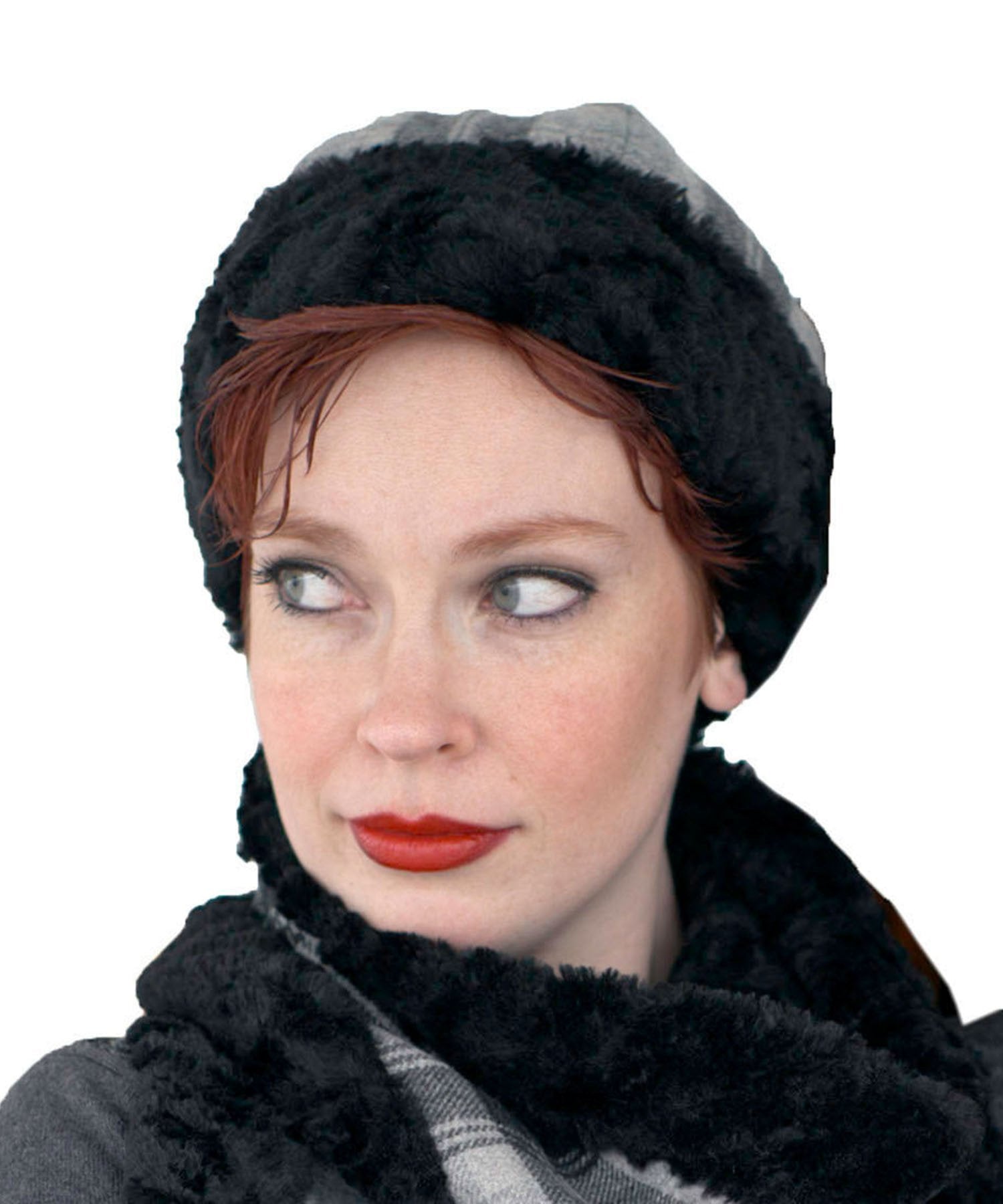 Women’s Beanie Hat in structured Wool Plaid in Twilight lined and cuffed with Cuddly Black Faux Fur. Handmade by Pandemonium Millinery.