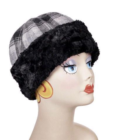 Women’s Beanie Hat in structured Wool Plaid in Twilight lined and cuffed with Cuddly Black Faux Fur. Handmade by Pandemonium Millinery.