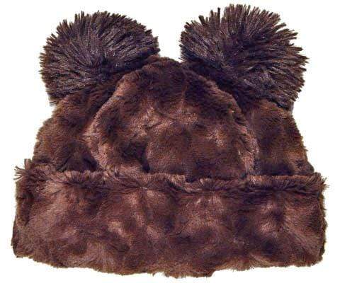 Bear Beanie Hat with ears, without nose, in Cuddly Chocolate Faux Fur lined with Black. Handmade by Pandemonium Millinery.