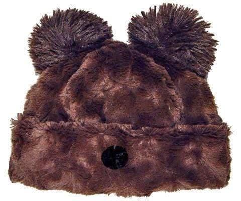 Bear Beanie Hat with ears and nose, in Cuddly Chocolate Faux Fur lined with Black. Handmade by Pandemonium Millinery.