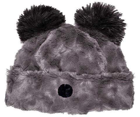 Bear Beanie Hat with ears and nose, in Cuddly Gray Faux Fur lined with Black. Handmade by Pandemonium Millinery.