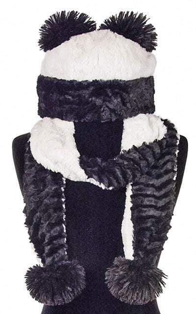 Panda Bear Beanie Hat with ears, in Cuddly Ivory Faux Fur lined with Black. Shown together with pom scarf. Handmade by Pandemonium Millinery.