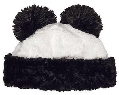 Panda Bear Beanie Hat with ears, in Cuddly Ivory Faux Fur lined with Black. Handmade by Pandemonium Millinery.