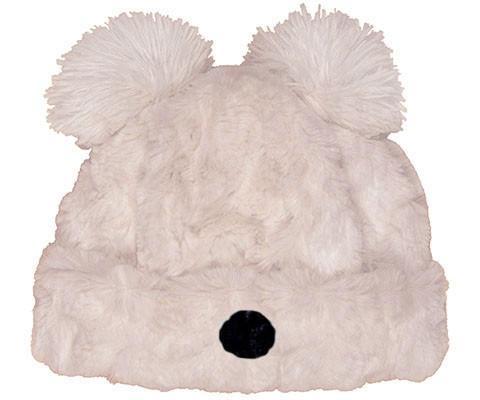 Bear Beanie Hat with ears and nose, in Cuddly Ivory Faux Fur lined with Chocolate. Handmade by Pandemonium Millinery.