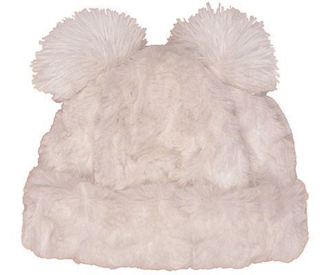 Bear Beanie Hat with ears, without nose, in Cuddly Ivory Faux Fur lined with Chocolate. Handmade by Pandemonium Millinery.