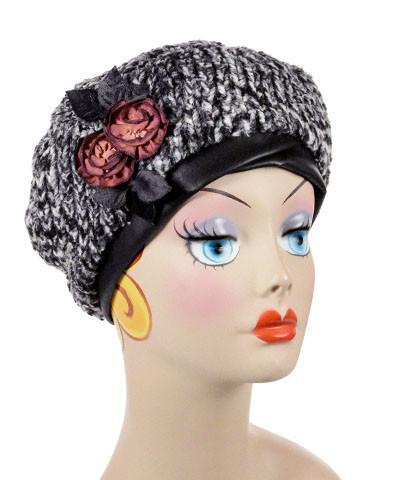 Beret Shown in Cozy Cable Faux Fur  with Rose Brooch | Handmade By Pandemonium Seattle