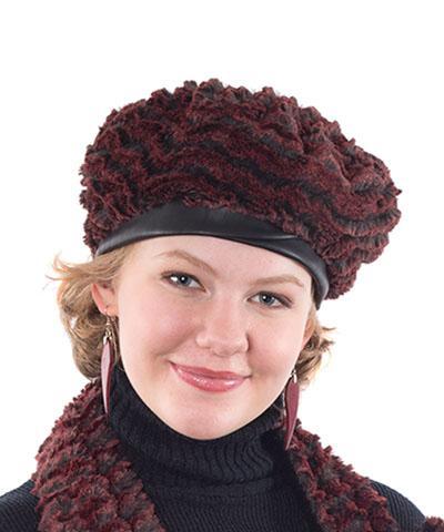 Model in Shown in a Desert Sand in Crimson Faux Fur Beret | By Pandemonium | Seattle WA USA