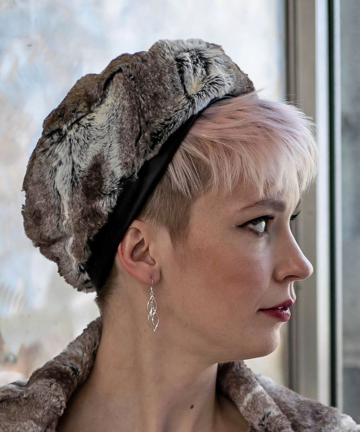 Sideview of Model wearing Beret Luxury Faux fur Birch | Handmade by Pandemonium Seattle