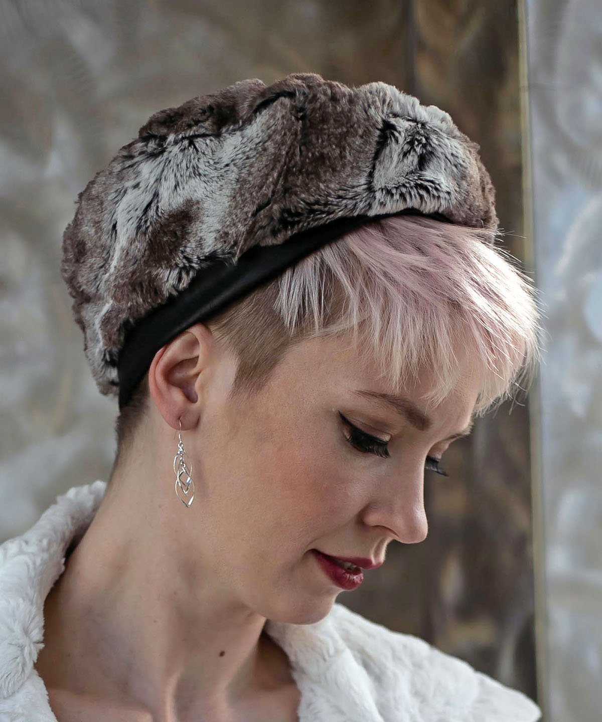 Sideview of Model wearing Beret Luxury Faux fur Birch | Handmade by Pandemonium Seattle