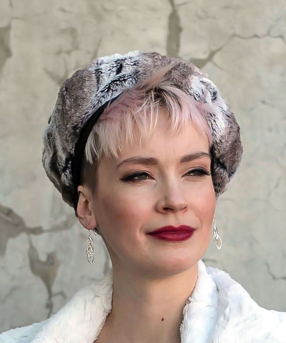 Front view of woman wearing Beret in Luxury Faux Fur in Birch | Handmade By Pandemonium | Seattle WA USA