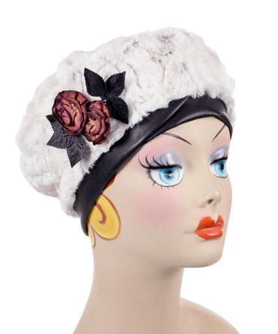 Front view of Model Wearing Beret in Winter Frost Faux Fur | handmade by Pandemonium Seattle |  Seattle WA USA