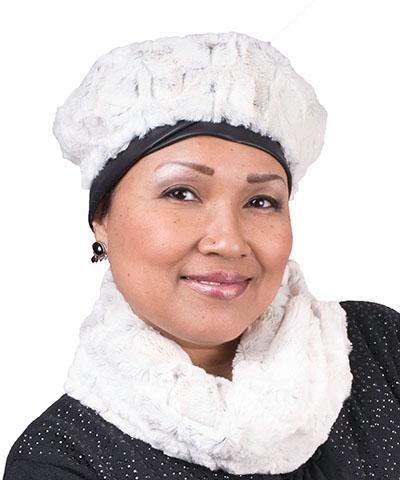 Front view of Model Wearing Beret in Winter Frost Faux Fur | handmade by Pandemonium Seattle |  Seattle WA USA