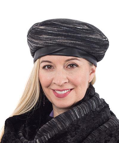 Woman Wearing a Beret Shown in Sweet Stripes Black Berry Cobbler | By Pandemonium Hats | Seattle WA USA
