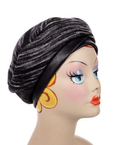 Woman Wearing a Beret Shown in Sweet Stripes Black Berry Cobbler | By Pandemonium Hats | Seattle WA USA