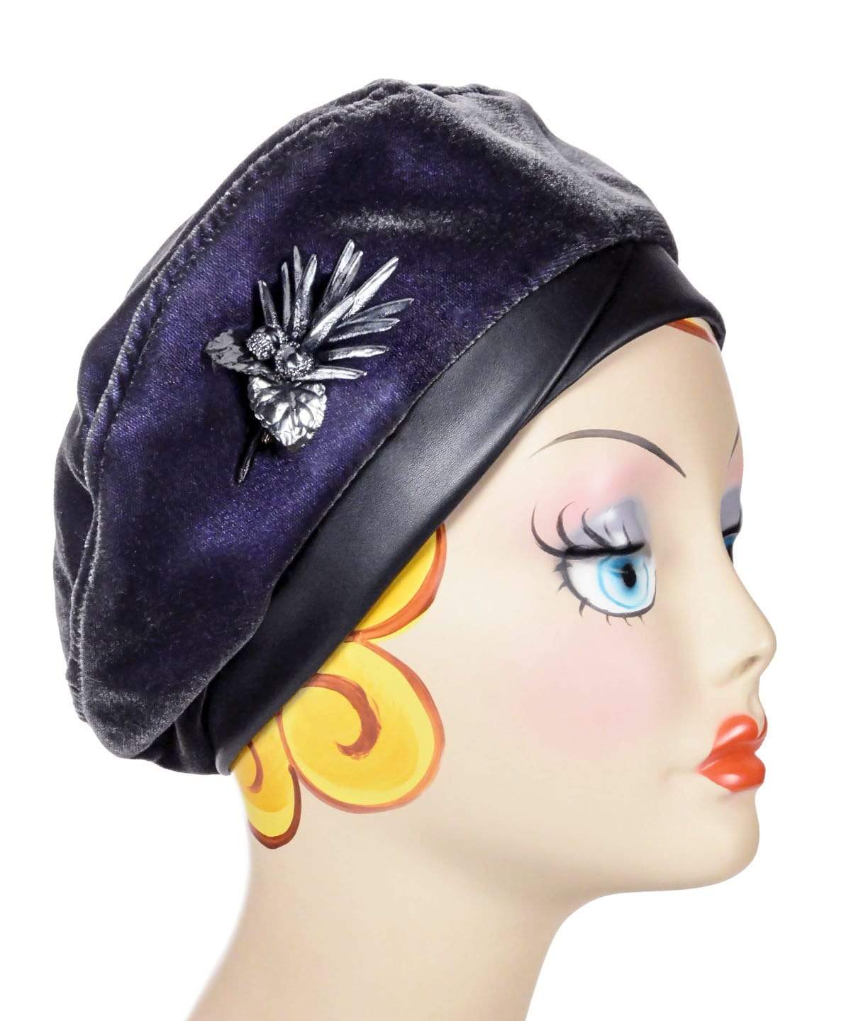 Beret Velvet in Smoky Quartz with Pale Blue Resin Pine Cone Brooch | Handmade By Pandemonium Millinery | Seattle WA USA