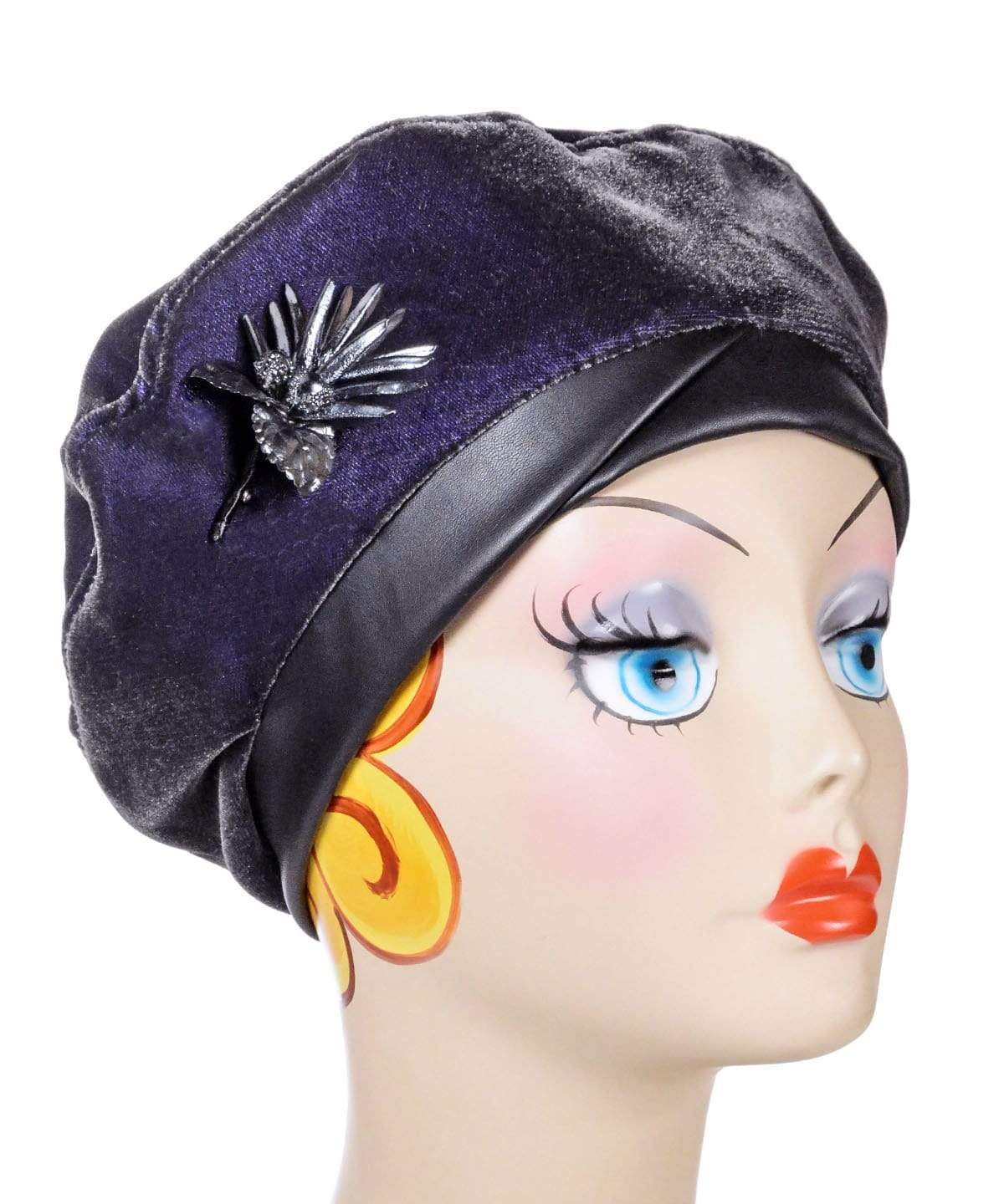 Beret Velvet in Smoky Quartz with Pale Blue Resin Pine Cone Brooch | Handmade By Pandemonium Millinery | Seattle WA USA