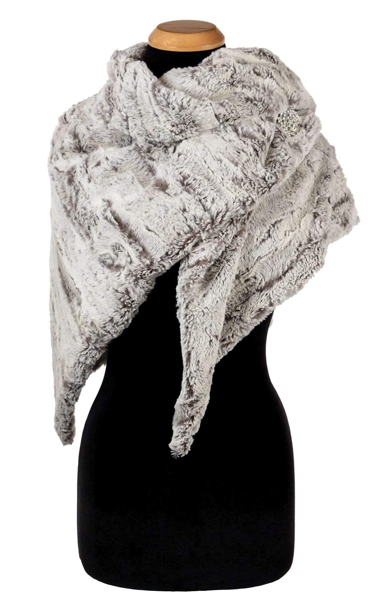 Women’s Product shot on mannequin of Bermuda triangle scarf | Khaki faux fur, cream, gray | Handmade by Pandemonium Millinery Seattle, WA USA