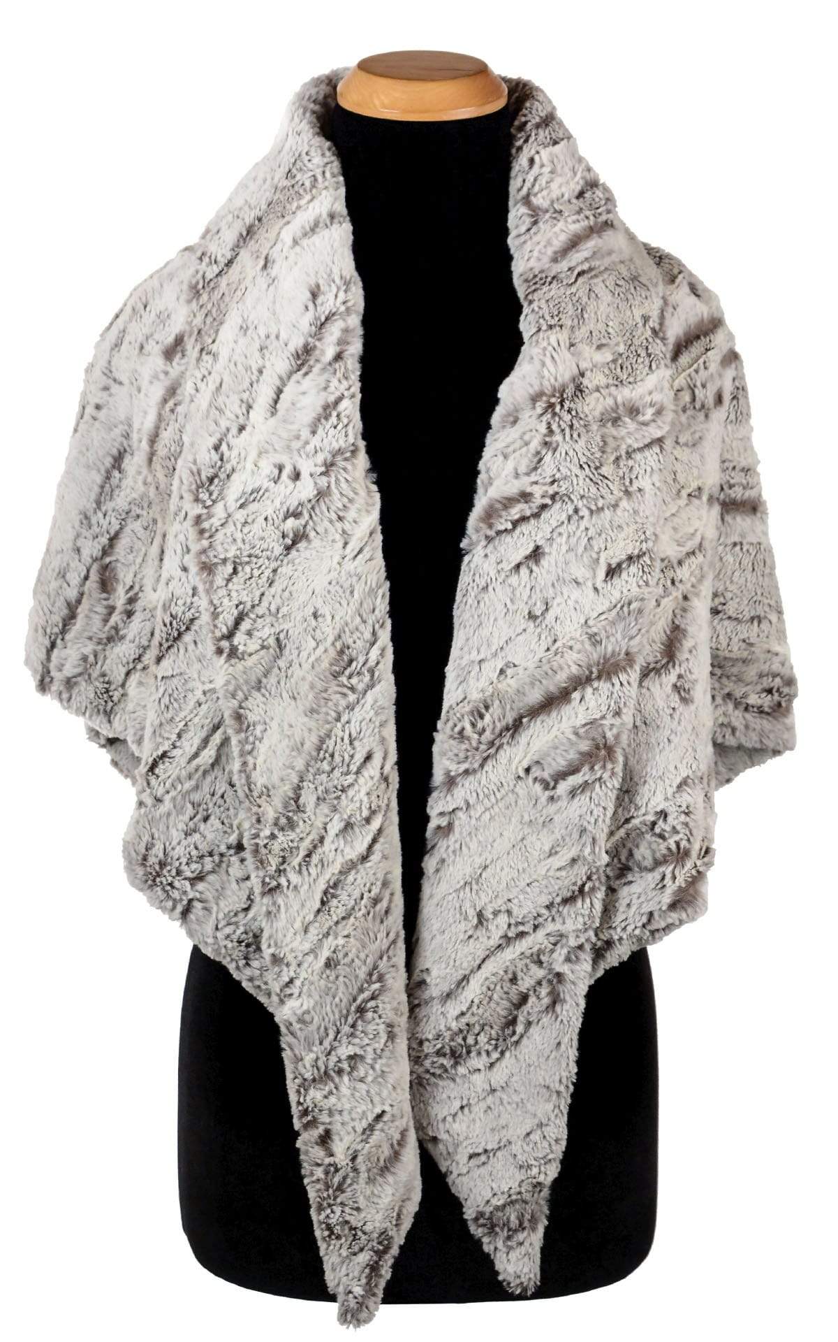 Women’s Product shot of Bermuda triangle scarf | Khaki faux fur, cream, gray | Handmade by Pandemonium Millinery Seattle, WA USA