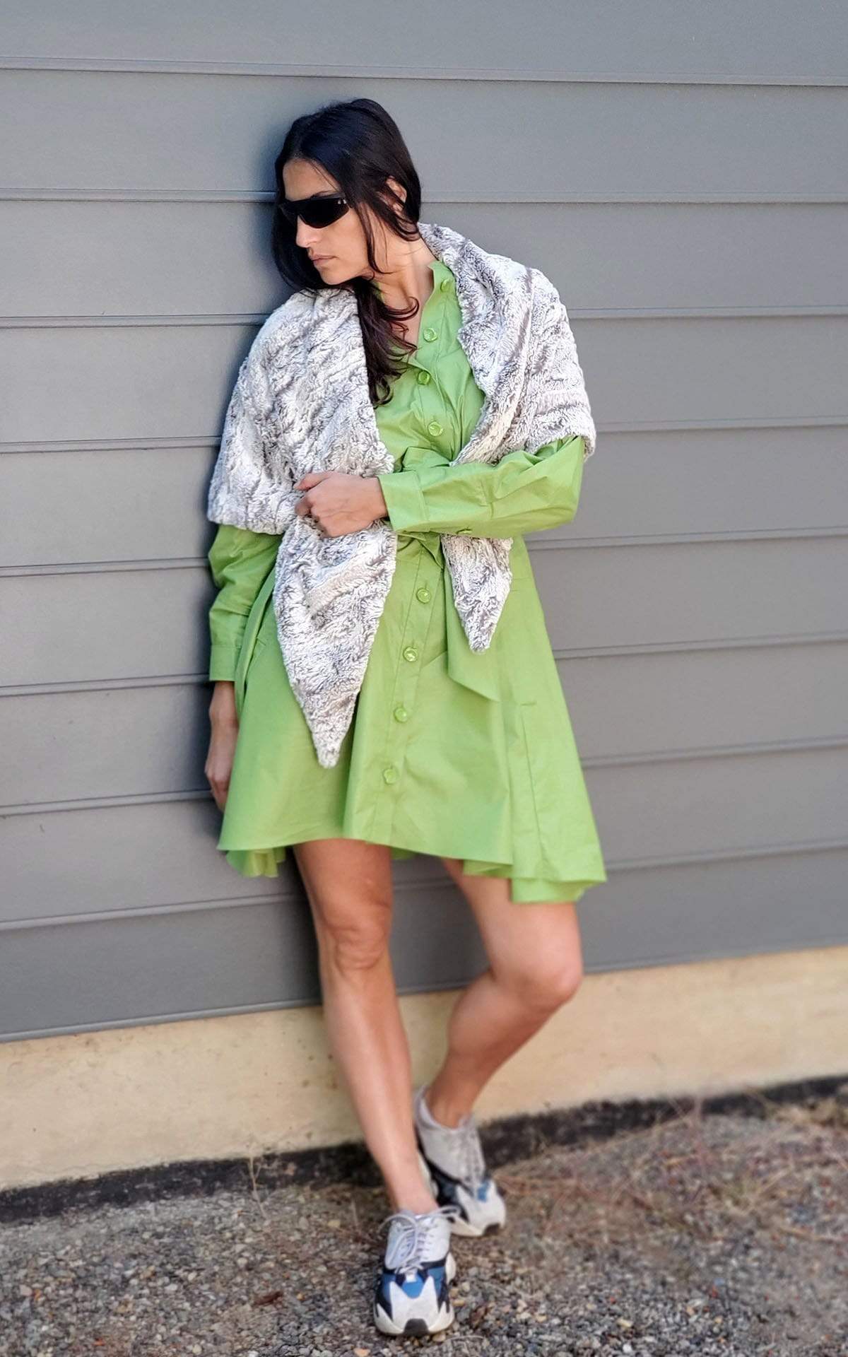 Model wearing Bermuda triangle scarf | Khaki faux fur, cream, gray | Handmade by Pandemonium Millinery Seattle, WA USA