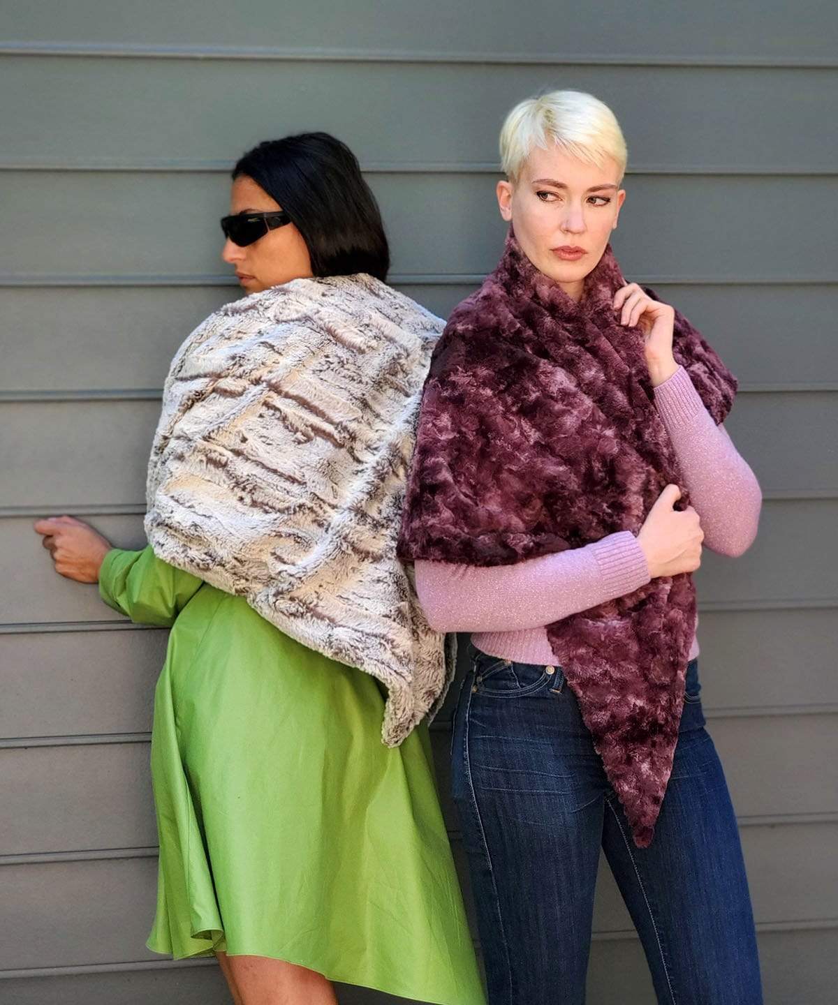 two Models wearing Bermuda triangle scarf | Khaki faux fur, cream, gray | Handmade by Pandemonium Millinery Seattle, WA USA