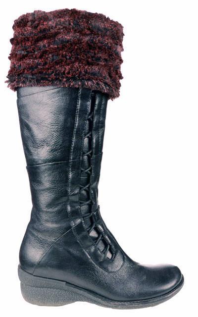 Boot toppers on Boot | Desert Sand in Crimson, Red and Black faux fur |  Handmade by Pandemonium Millinery Seattle, WA USA