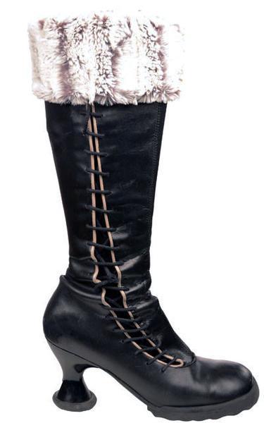 Boot toppers on Fluevog classic Boot | Khaki faux fur | Handmade by Pandemonium Millinery Seattle, WA USA