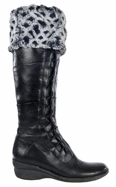 Boot toppers on Boot | Snow Owl, black and gray faux fur | Handmade by Pandemonium Millinery Seattle, WA USA