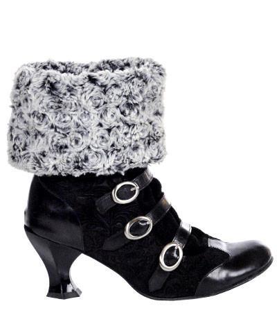 Boot toppers on Boot | rosebud in black faux fur |  Handmade by Pandemonium Millinery Seattle, WA USA