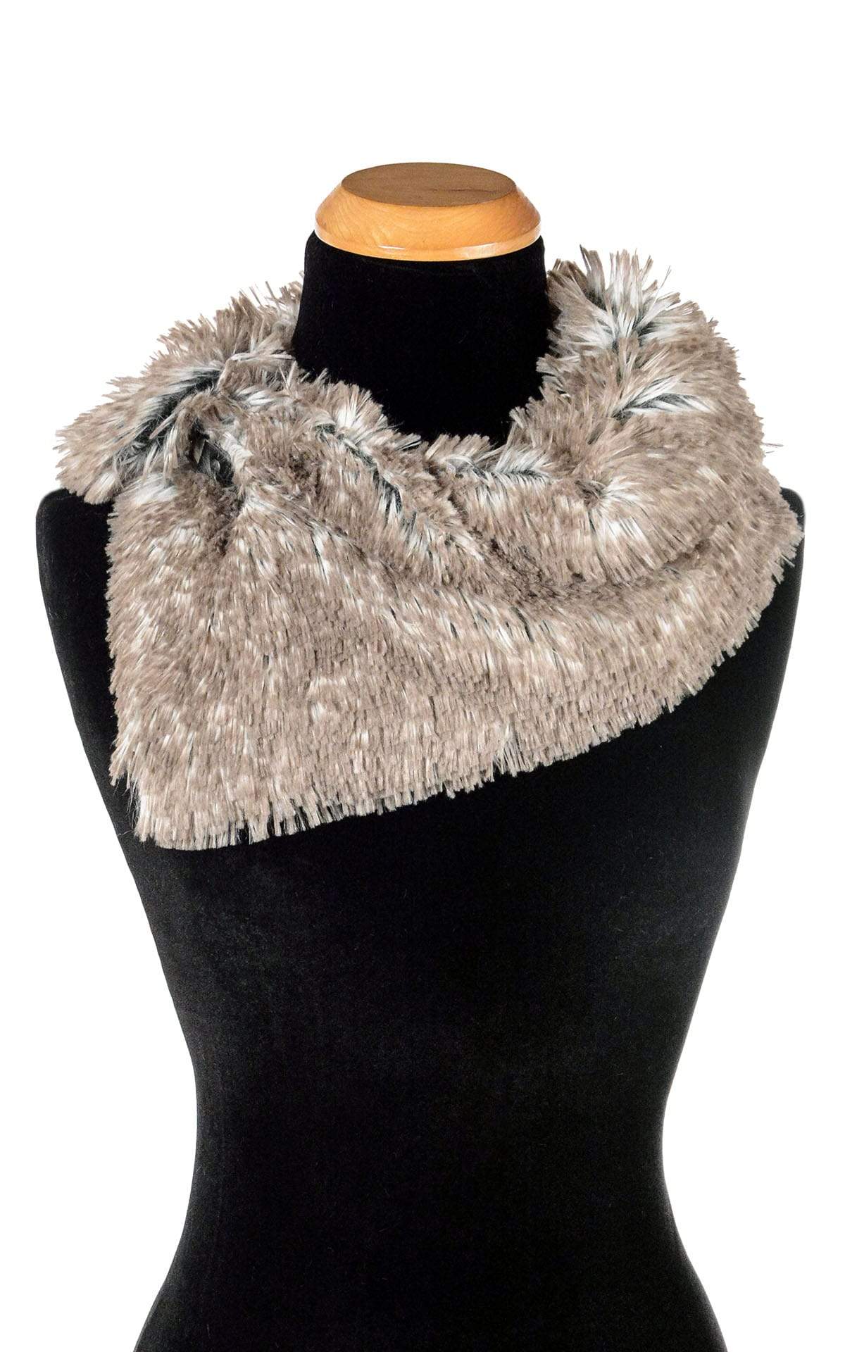Buckle Scarf in Arctic Fox Faux Fur, shown buckled and worn with buckle on right side.